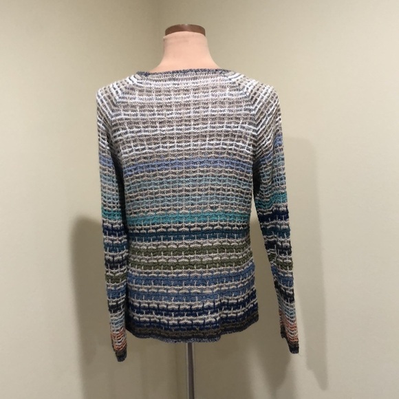 Nic + Zoe Sweater Size Large Gray Tan Blue Striped Linen Blend Pullover - Picture 5 of 10